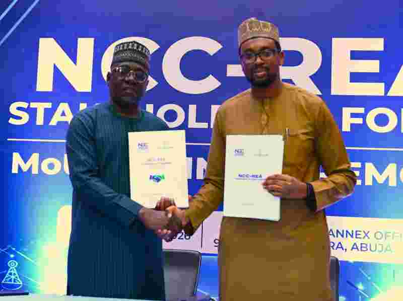 L-R: Engr. Abraham Oshadami, Executive Commissioner Technical Services, Nigerian Communications Commission (NCC) and Engr. Umar Abdullahi Umar, Executive Director Technical Services, Rural Electrification Agency (REA), during the NCC-REA, Stakeholder Forum and MoU Signing Ceremony, held on July 24, 2026, at the NCC Annex Office Mbora, Abuja.